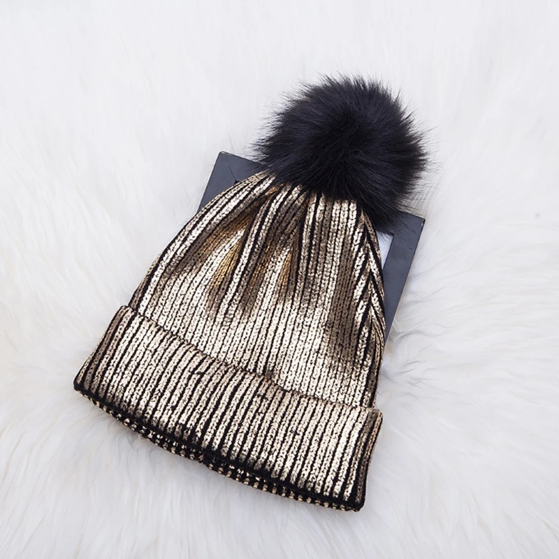 

Women Girls Winter Warm Metallic Shiny Knitted Crochet Beanie Hat With Pom Pom