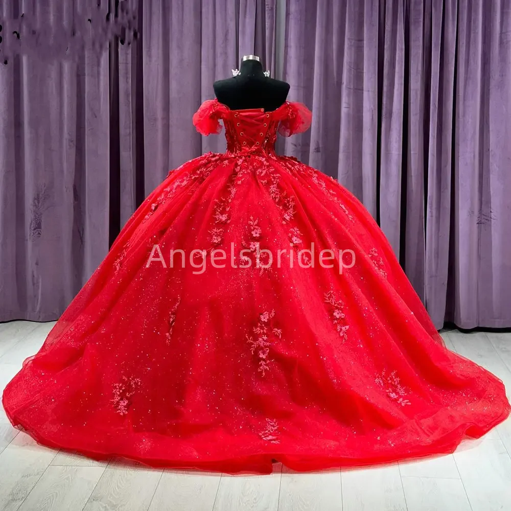 Angelsbridep Customized Shiny Tulle Red Off Shoulder Ball Gown Quinceanera Dresses Birthday Prom Sweet 16 Vestido De 15 Anos