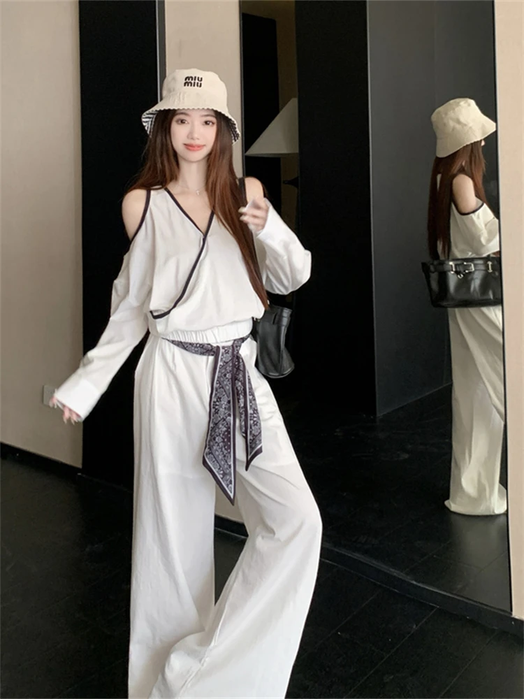 

Элегантный комплект с широкими брюками для женщин: готовый образ OOTD, универсальный топ с высокой талией, длинными рукавами и V-образным вырезом, повседневная одежда для осени и весны.