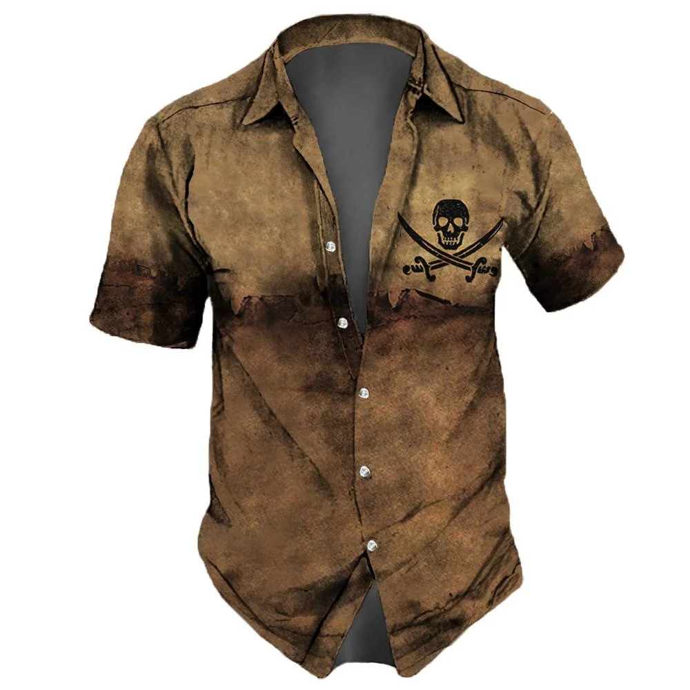 Skull Men\'s Summer Casual Shirts Hawaiian Lapel Streetwear Vintage For Street Short Sleeve Top Party Vacation Wansheng Festival