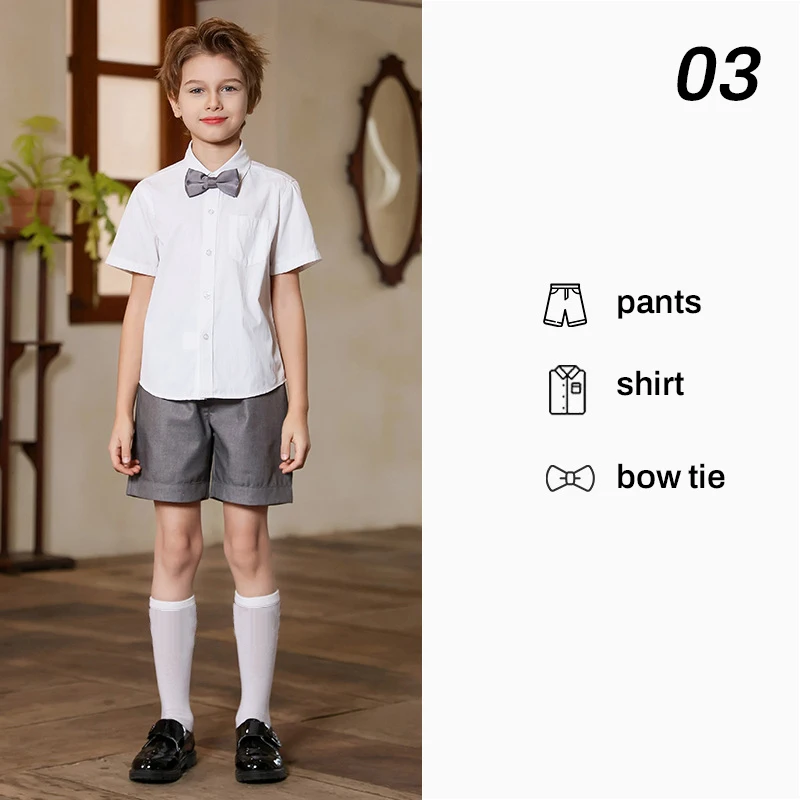 1 Set Estate Uniformi scolastiche per la scuola materna Ragazze Gonne a pieghe Ragazzi Camicia Pantaloncini Papillon JK Vestito Coro Costume da spettacolo teatrale