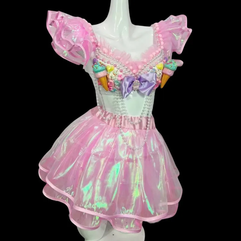 Sexy Nightclub Club Party Dance Costume Pink Beading Bikini Tutu Skirt Stage Performance Rave Outfit Dance Team Show Costume