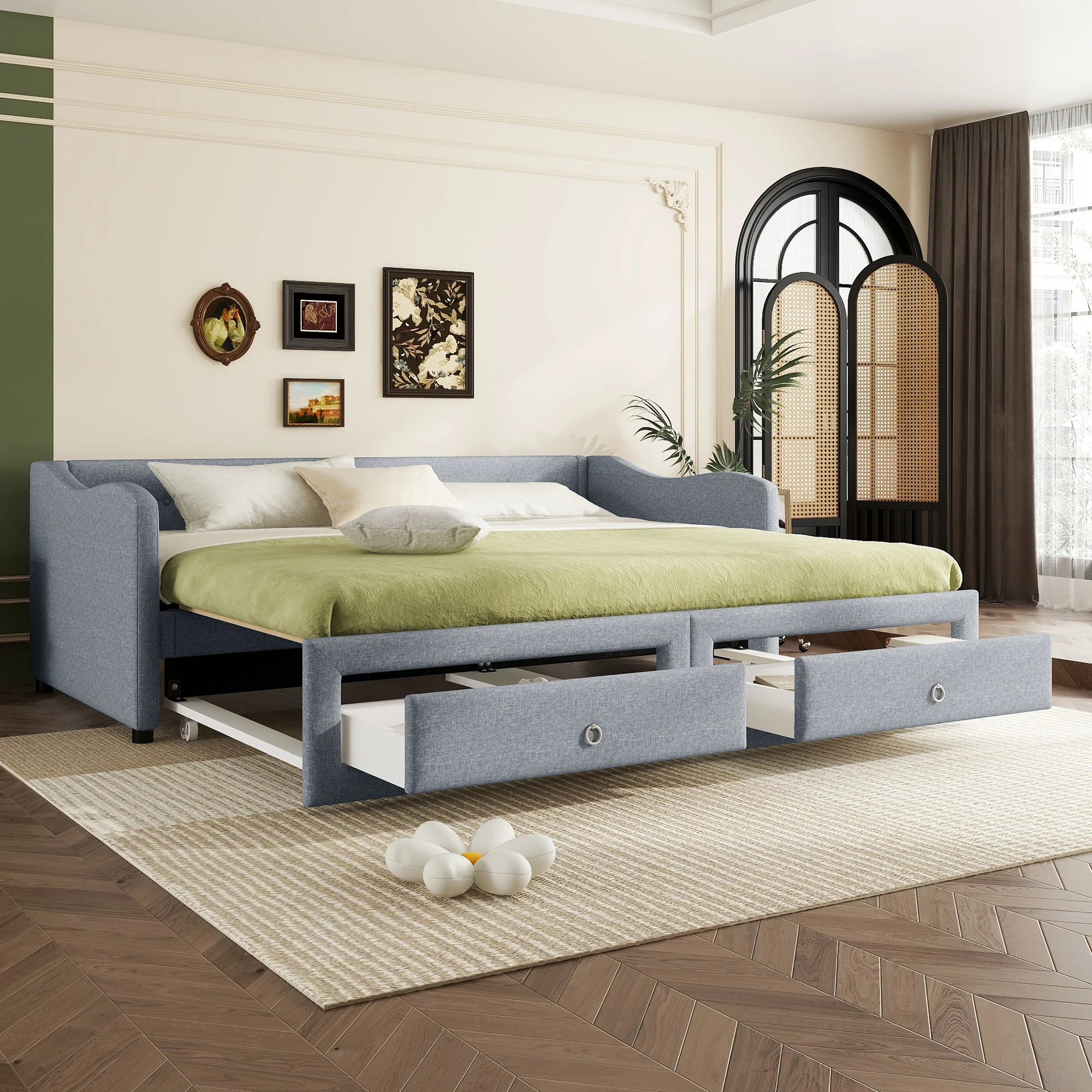 Daybed 90x200cm, day bed with pull-out bed, drawers, single bed without mattress, linen, minimalist, Gray