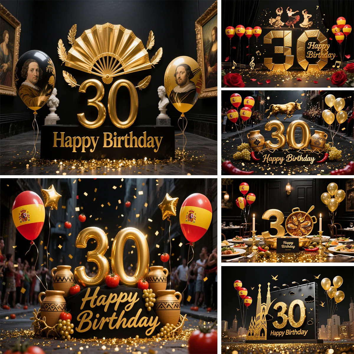 Conjunto de decoraciones de 30 cumpleaños de estilo español, 30 globos dorados gigantes, bandera de España, globos, uvas, tomates, fiesta temática, telón de fondo