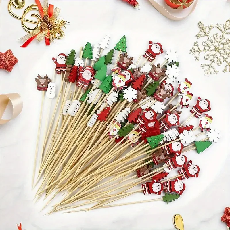 Christmas Fruit Sticks Bamboo Cocktail Picks with Santa Snowman Tree Snowflake Elk Disposable Cake fruit Skewers Party Decor