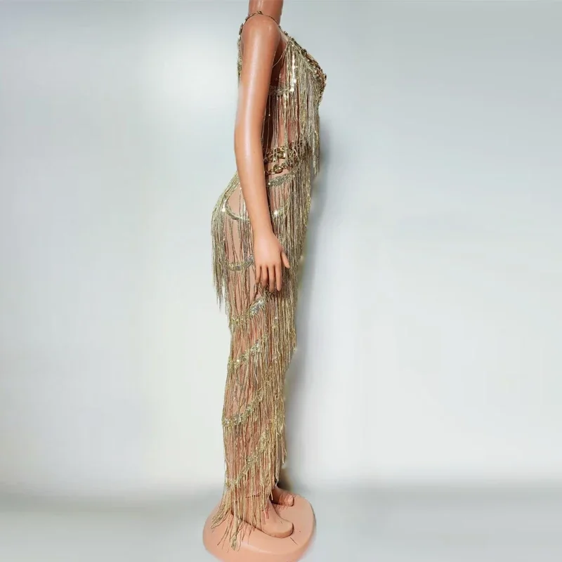 Drag Queen Outfit Gold Strass Vollfransen Overall Frauen Sexy Gogo Tänzerin Kostüme Bühne Dj Ds Pole Dance Clubwear