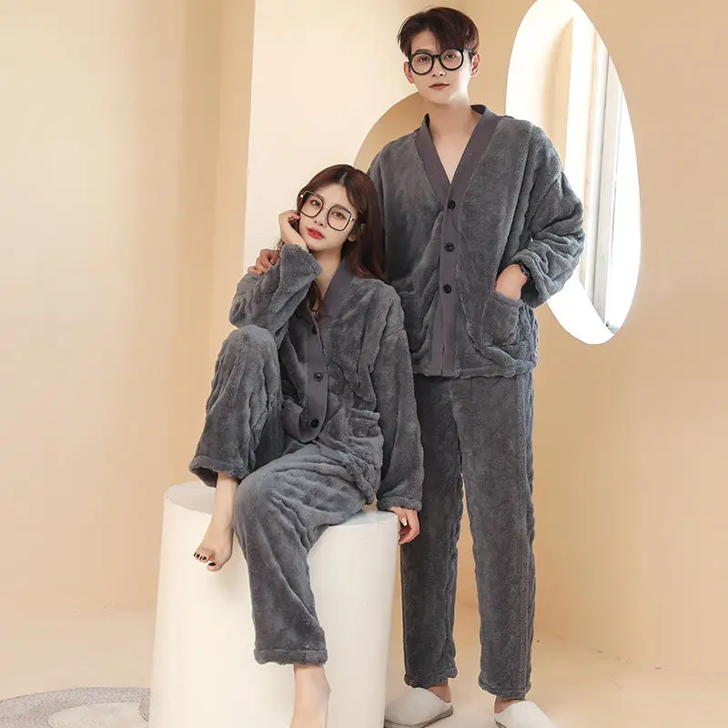 คู่ชุดนอนสําหรับชายขนแกะฤดูหนาวชุดนอนเกาหลี Sleeping Night สวมใส่ Pijama 2 ชิ้นชุดกางเกง WARM V คอชุดสูท