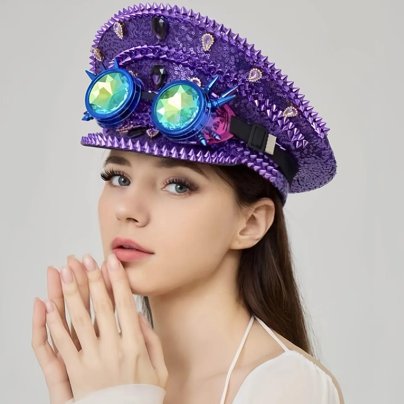 

HongLuan Violet Goggles Captain Hats Rhinestone for Music Festival Woman, Carnival Costume Hat & Cosplay Female Accessories