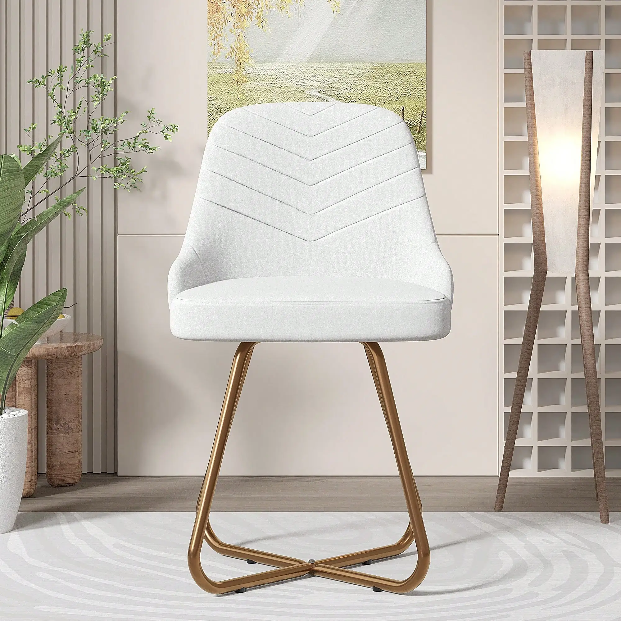VECELO Flocked Vanity Chair With Gold Legs, Modern Vanity Stool & Makeup Chair For Small Spaces, Upholstered Dressing Table Chair