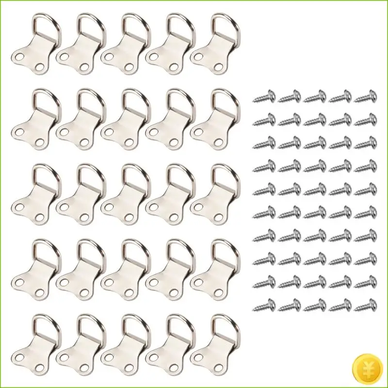 25 Pcs D-Ring Picture Frame Hanging Hooks Double Hole Hangers With Screws Silver