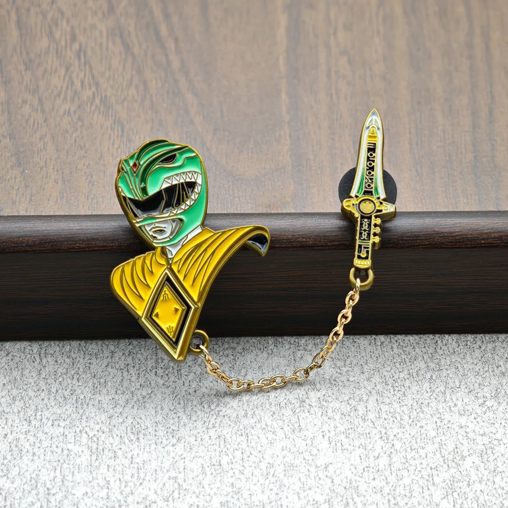 Classic Film Television Characters Enamel Pin Green Ranger Brooch Masked Warrior Metal Badge Chain Combination Lapel Pin Gift