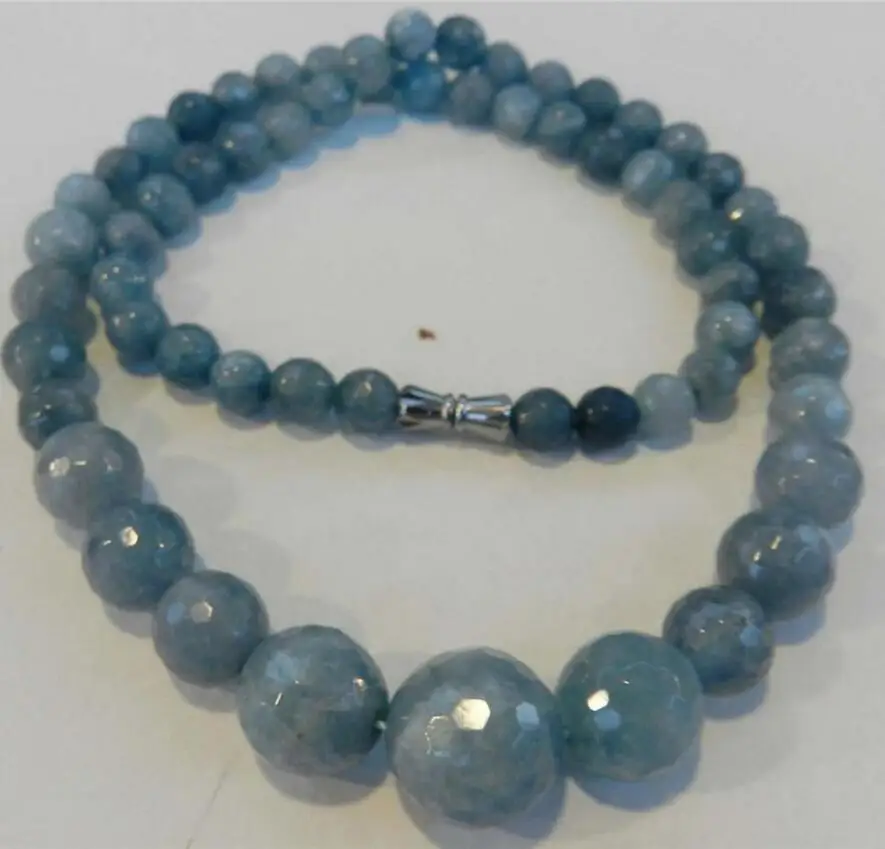 

Jewelry 6-14mm Brazilian Aquamarine Faceted Gems Round Beads Necklace 17''