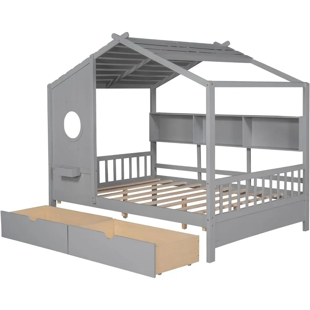 Cama de Casa de tamaño completo con cajones y estantes de almacenamiento, marco de cama de Casa Montessori de madera, tienda de juegos para niños, niñas y niños cama para, gris