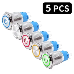 5 Pieces PC Power Button Push without Fixation Start Stop Latch on off Switch 12v Metal Computer Buttons 16 19 22 mm 220v 5v 24v