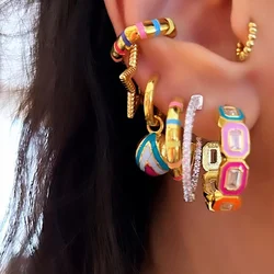 Geometric Bezel Enamel Band Rectangle 5A Cubic Zirconia CZ Circle Hoop Earring Summer Hot Colorful Jewelry
