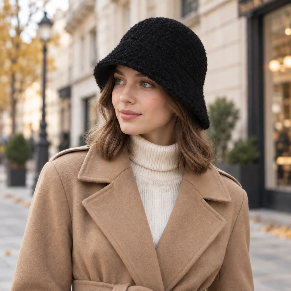 Women Fuzzy Knitted Bucket Hat Soft Warm Asymmetric Brim Cloche Cap Casual Autumn Winter Outdoor Headwear