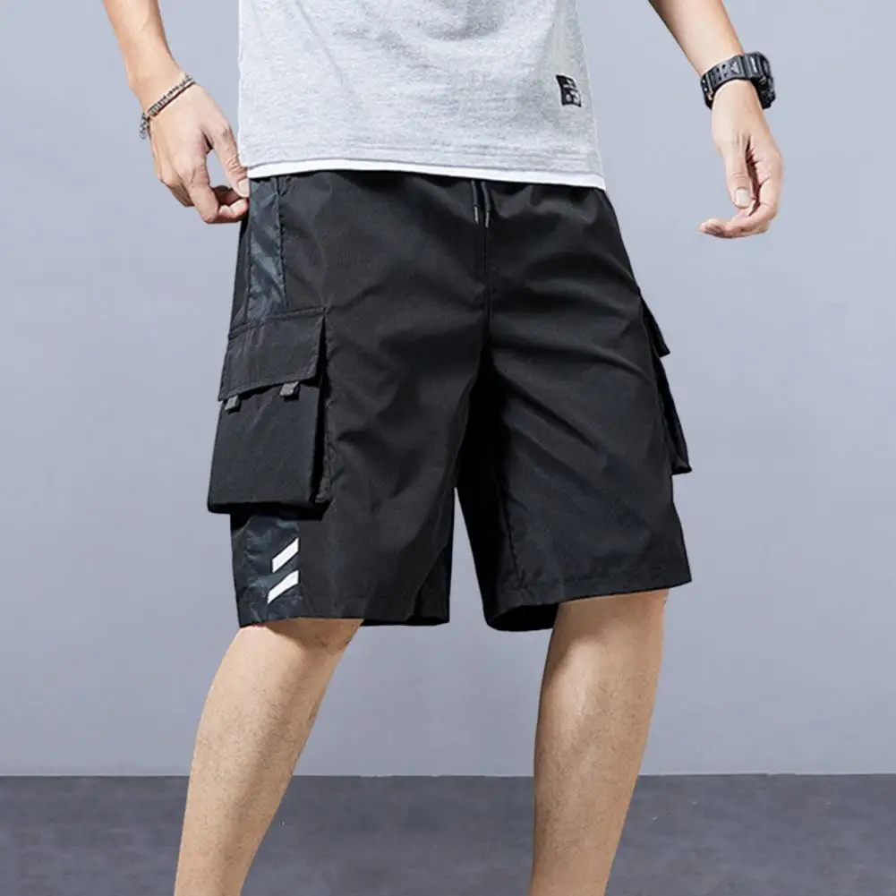 Mid-Rise Elastic Waistband Drawstring Cargo Shorts Pockets Wide Leg Letter Print Men Loose Fitness Running Shorts Sportwear Male