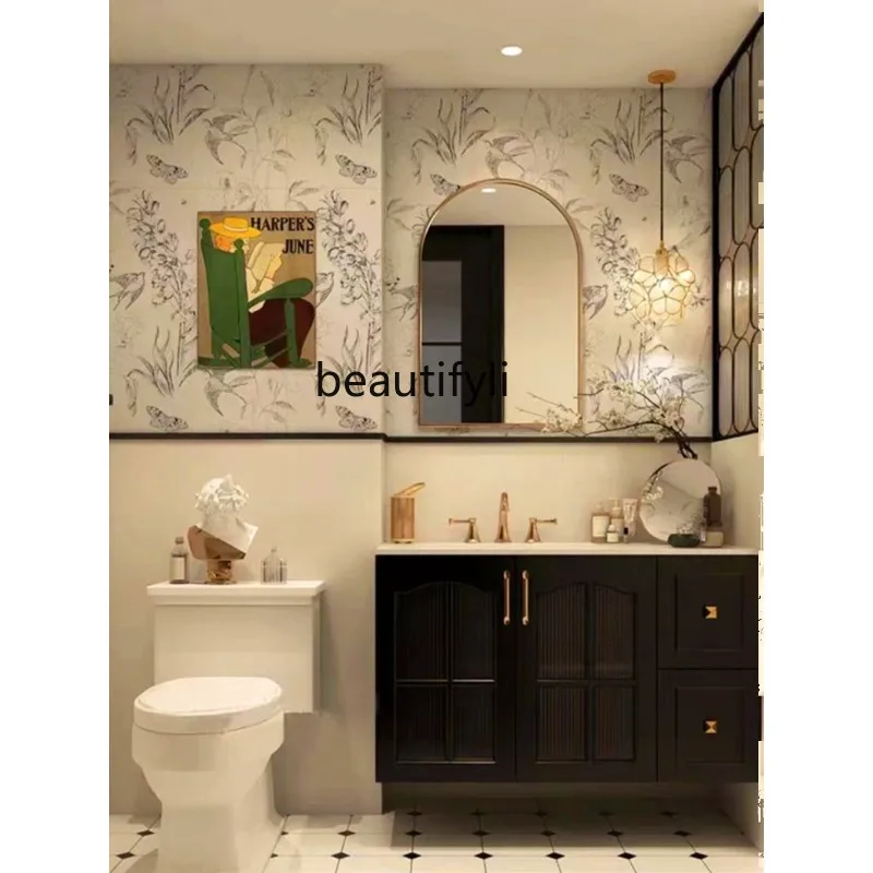 

French Retro Bathroom Cabinet Integrated Ceramic Basin Light Luxury Bathroom Solid Wood Hand Washing and Face Washing Washstand