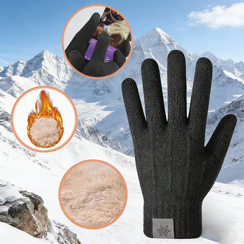 Schutz vor Kälte, gestrickte Handschuhe, doppellagige Touchscreen-Winterhandschuhe, warm, für den Außenbereich, winddicht, Skifahren, Schneefäustlinge, Fahren