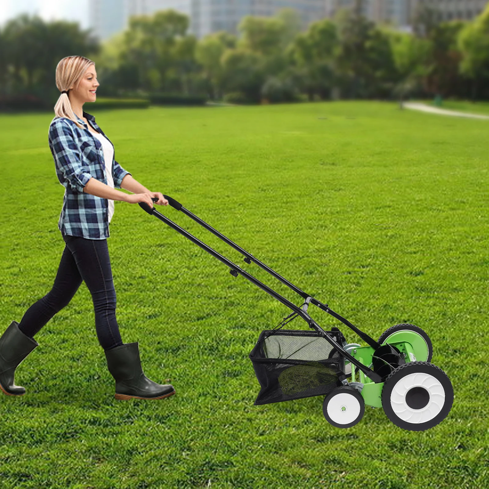 Tondeuse à gazon manuelle sans fil verte à 5 lames de 16 pouces, hauteur de coupe/poignée réglable avec capteur d'herbe pour les cours de Villa