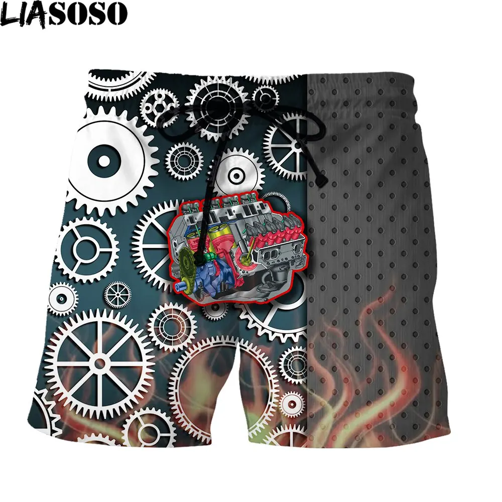 LIASOSO 3D Print Summer Men's Shorts Gear Stitching Mechanical Motor Industrial Fashion Casual Trend Polyester Drawstring Short