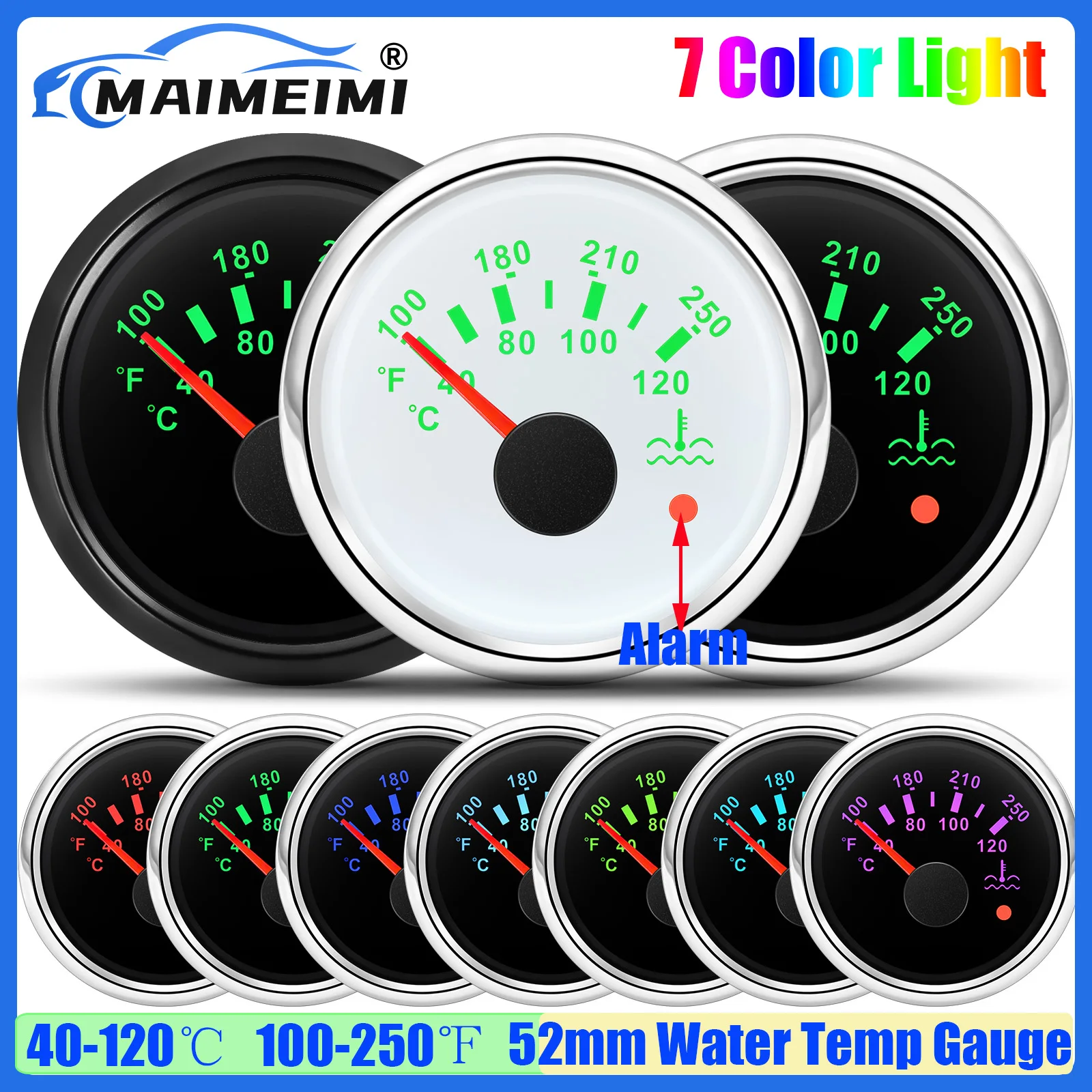 40~120 ℃ ,100~250 ℉   Medidor de temperatura da água com aviso 7 cores luz 52mm medidor de temperatura da água à prova dwaterproof água para carro barco iate 12v24v