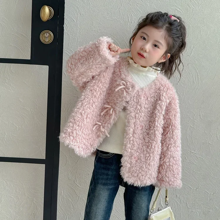 

Girl's Plush Pink Jacket: Cozy Furry Coat, Trendy Fall/Winter Outfit, Fashion Autumn/Winter Kids' Clothing, Sweet Daily Wear