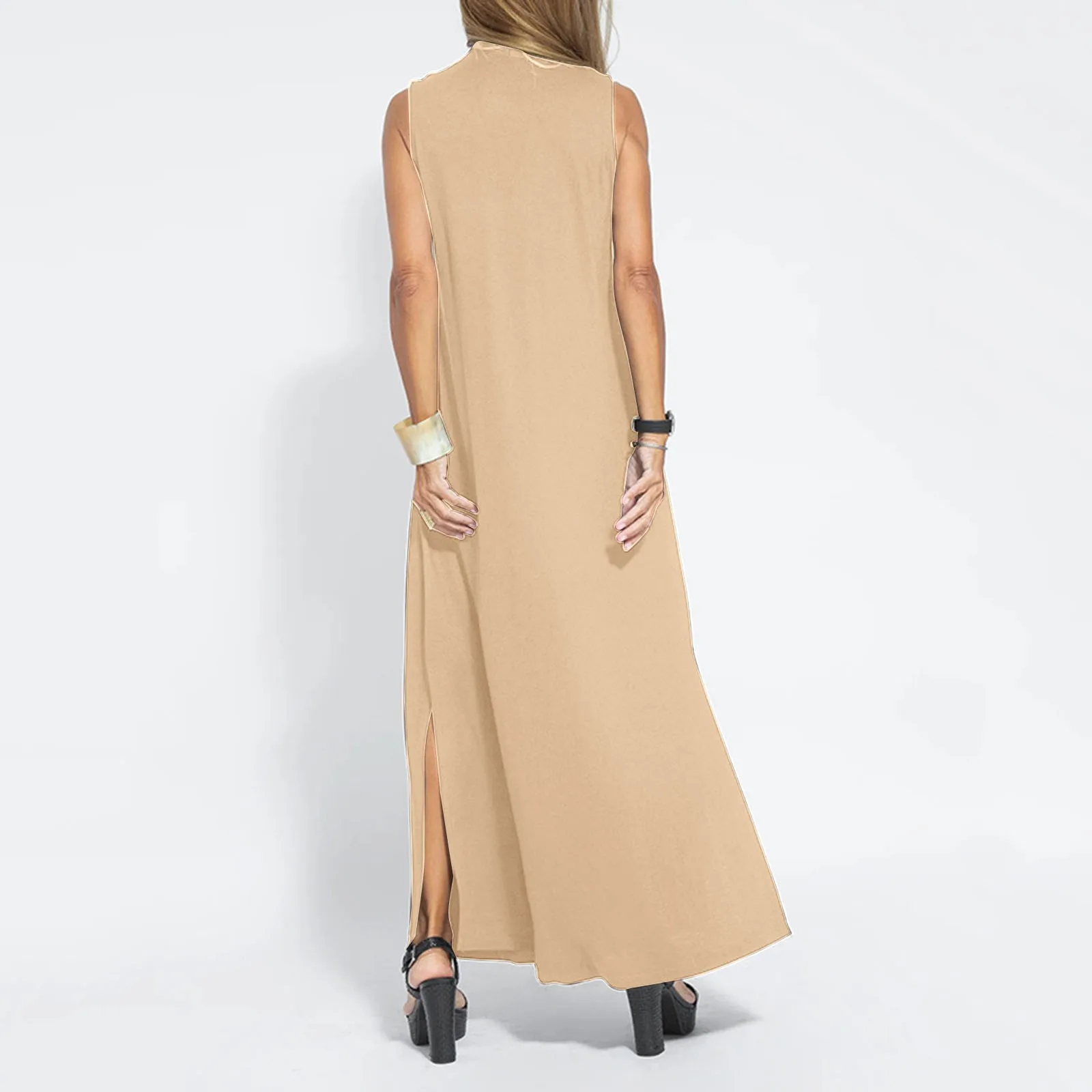 Women V Neck Solid Color Sleeveless Pullover Drape Casual Elegant Slit Dress Dress for Women below Knees