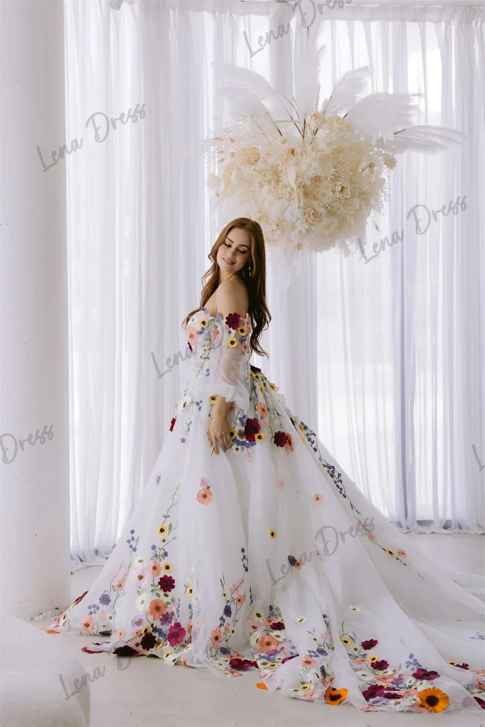 Lena Evening Gown White Elegant Luxury Evening Dress 2024 Line A Handmade Flowers Wedding Party Dress Es Lace Prom Dresses 2024