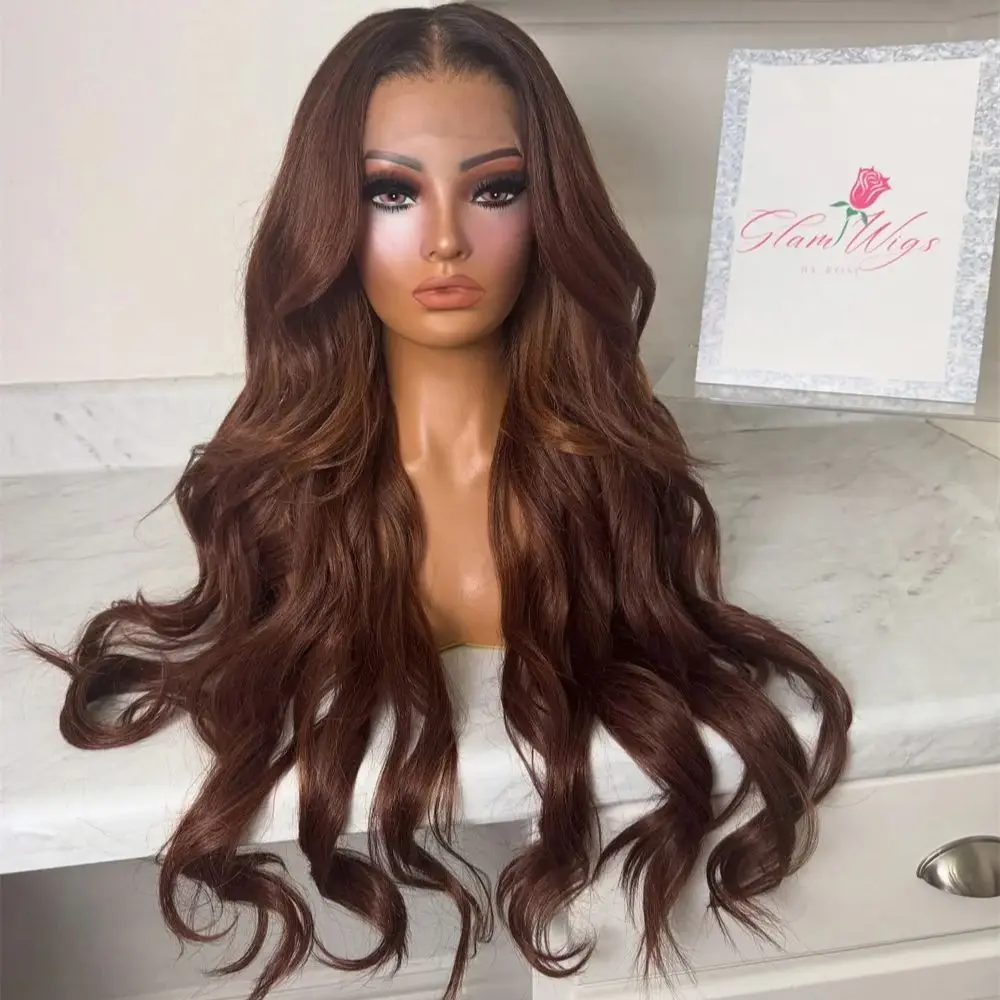 

13x4 Шоколадно-коричневые объемные волнистые парики спереди для женщин, термостойкое волокно, красновато-коричневый цвет, HD, кружевной синтетический парик, 30 дюймов