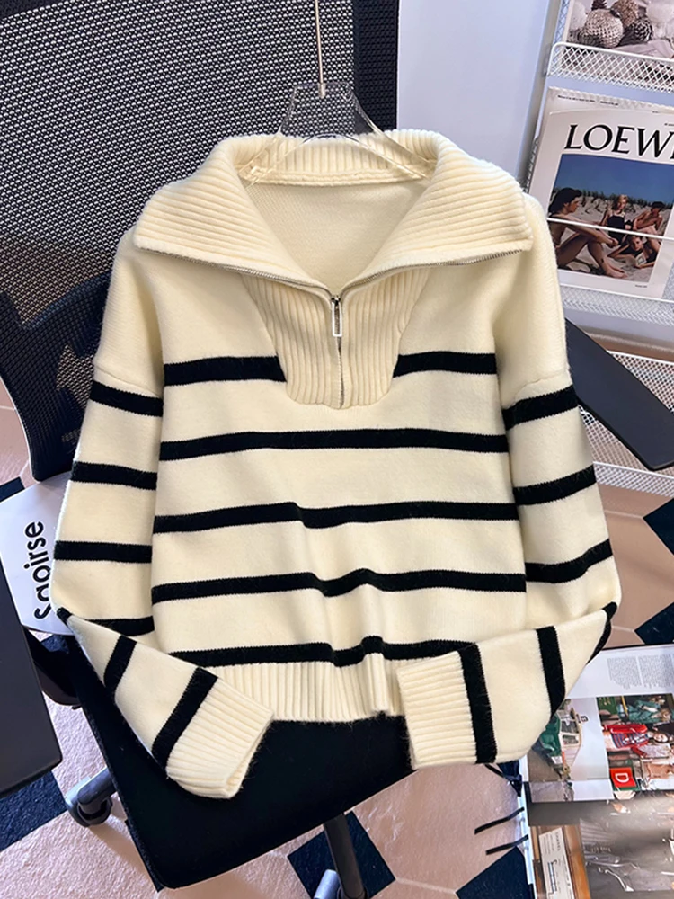 Women Striped Turtleneck Zipper Sweater Mujer Long Sleeve Tops Knitwear Korean Fashion Pullovers Loose Female Sweaters