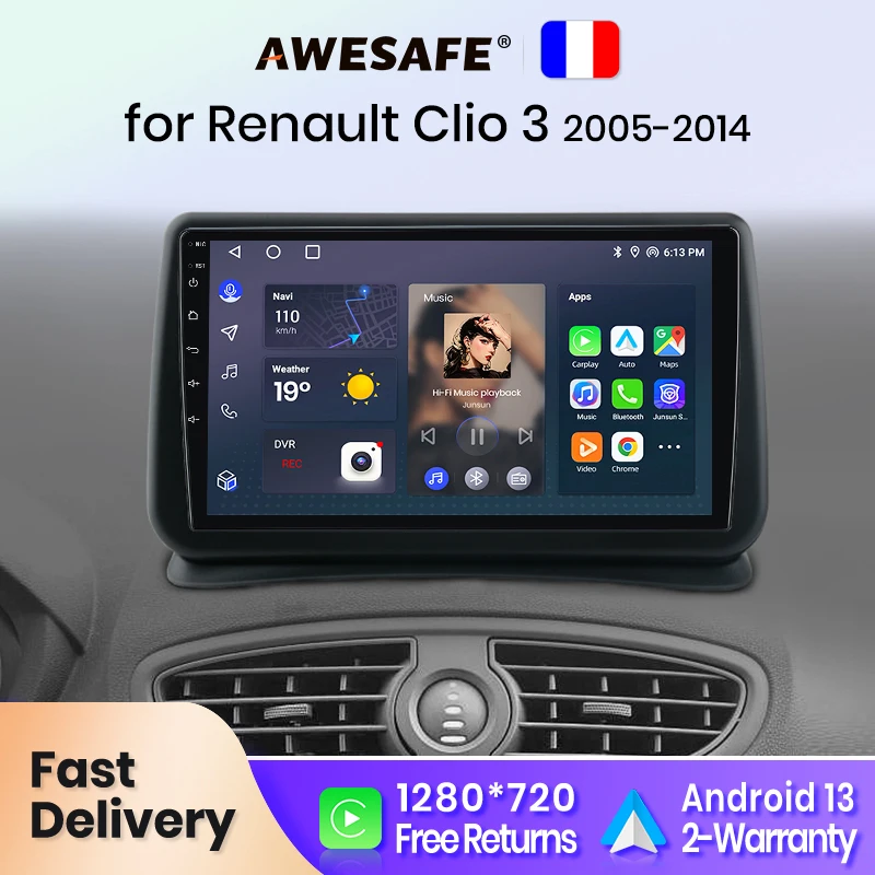 AWESAFE PX9 Car Radio Autoradio for Renault Clio 3 2005-2014  Wireless Carplay Screen Android Auto Stereo GPS Navi FM RDS France