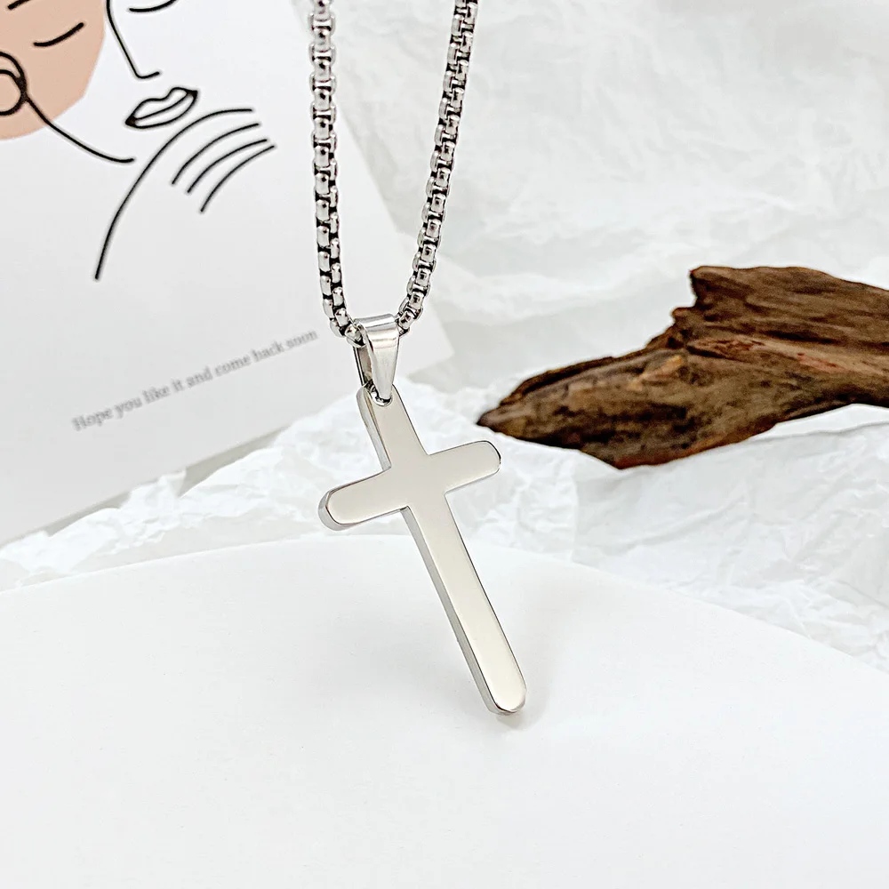 JHSL Male Men Christian Statement Necklace Simple Cross Pendants Silver Color Fashion Jewelry on the Neck Chain Stainless Steel