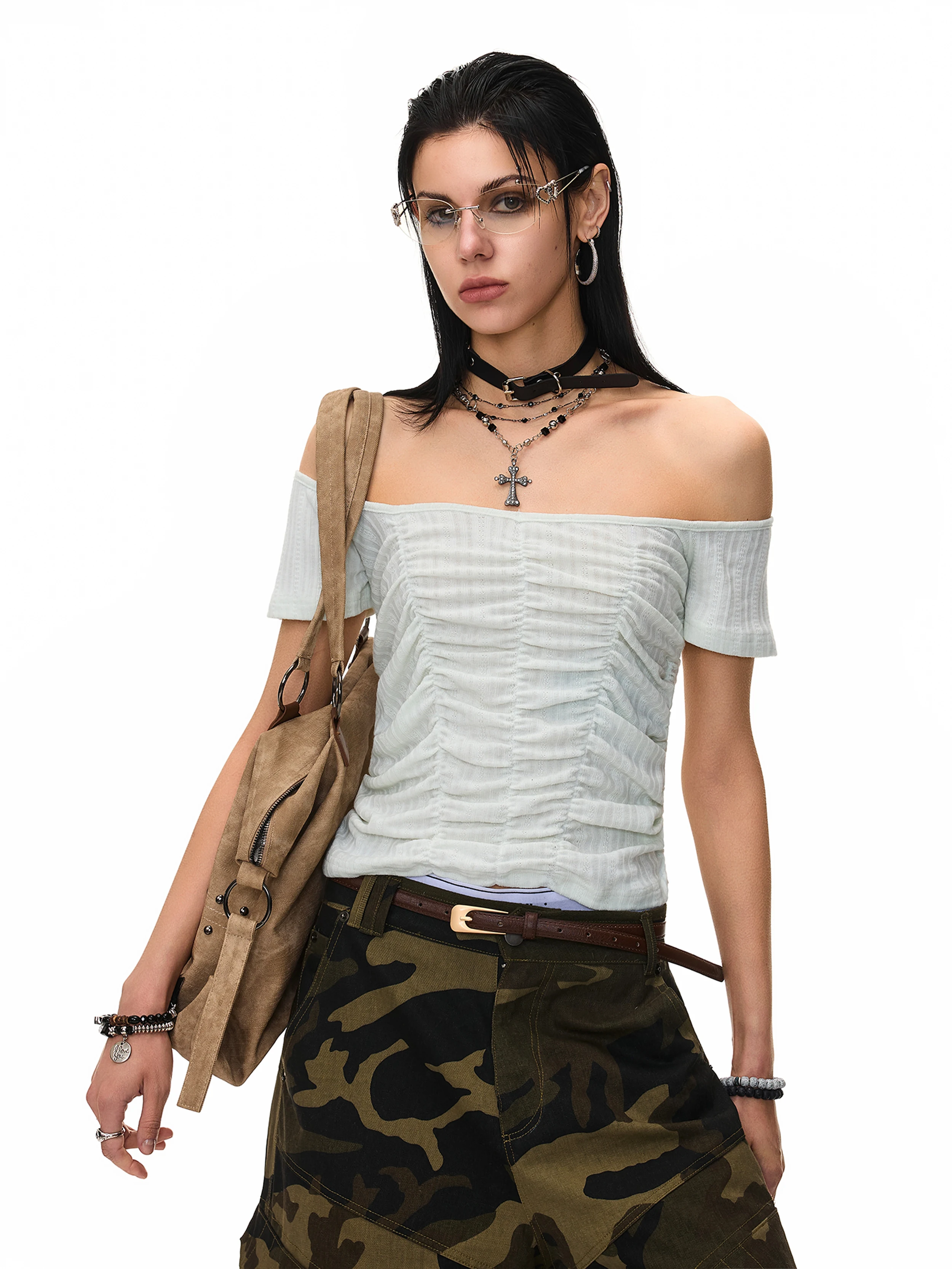 Retro American Folded Design One Shoulder Short Sleeve Slimming Lazy Versatile Short Length Top Women's T-shirt Polyester Spa...