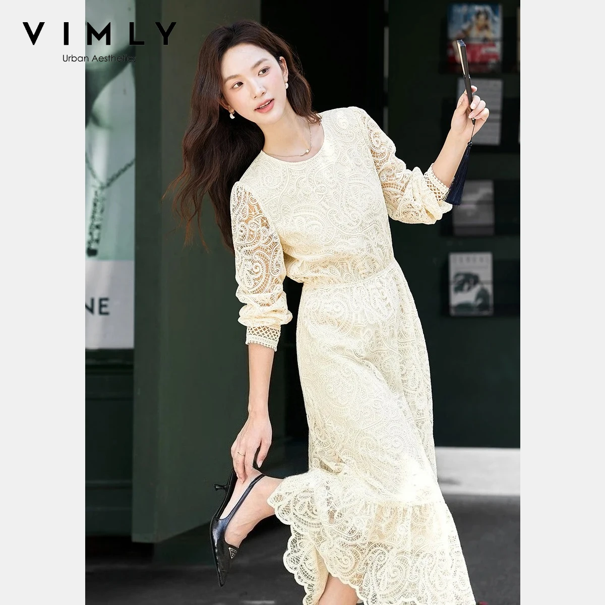 VIMLY فساتين الدانتيل المجوفة الأنيقة للنساء 2025 خريف جديد س الرقبة فستان فضفاض الصلبة شير ماكسي فستان ملابس السيدات غير رسمية A2789