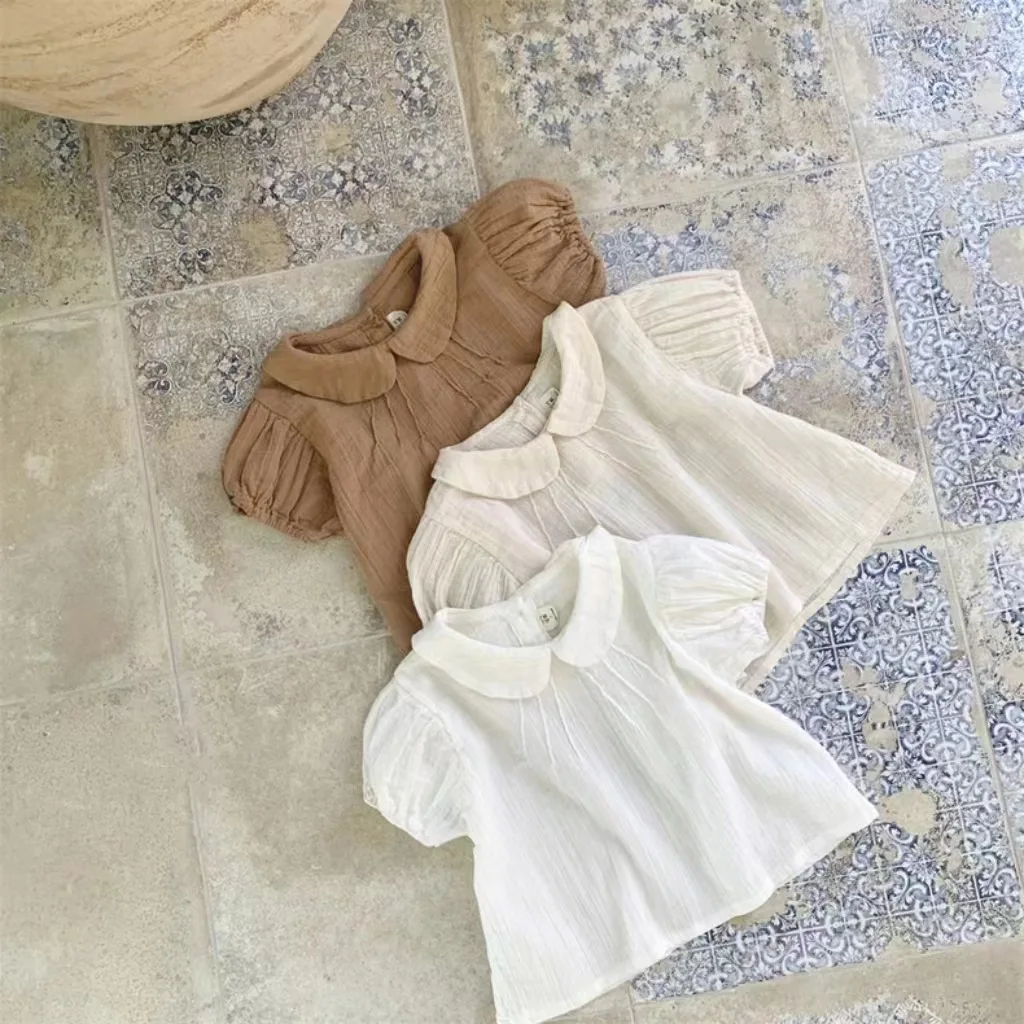 2024 estate nuovo bambino manica corta magliette cotone neonato ragazza solido risvolto Versatile Tees bambino traspirante Casual top