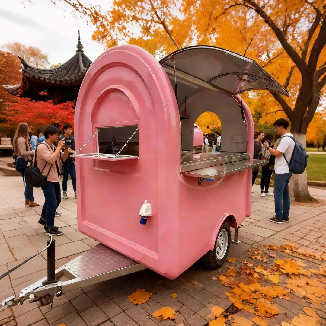 Adorable round Outdoor Food Trailer Main Body Soft Pink Snack & Beverage Stand High Visual Appeal Quick Customer Attraction