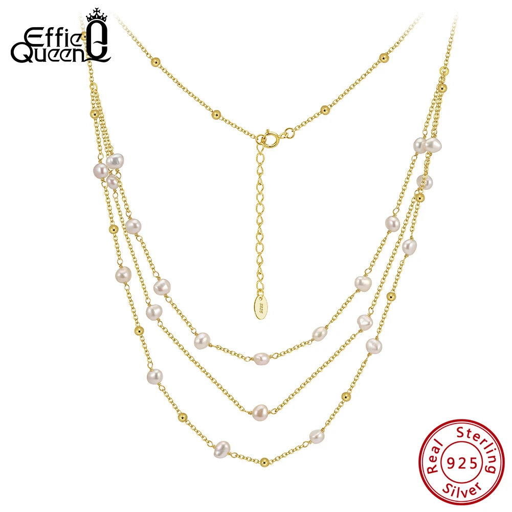 

EFFIE QUEEN 925 Solid Sterling Silver 14k Gold Triple Layered Pearl Choker Necklace Luxury Jewelry for Women Wedding Party GPN89