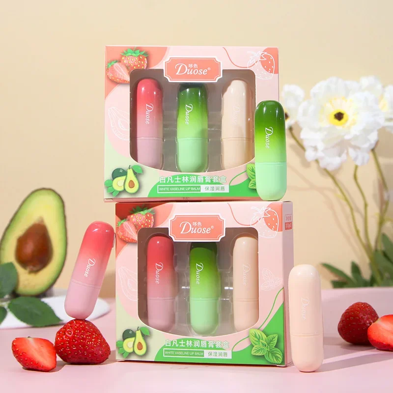 3 pçs frutas conjuntos de bálsamo labial temperatura mudança de cor hidratante nutritivo hidratante batom kits lábios pele brilho labial