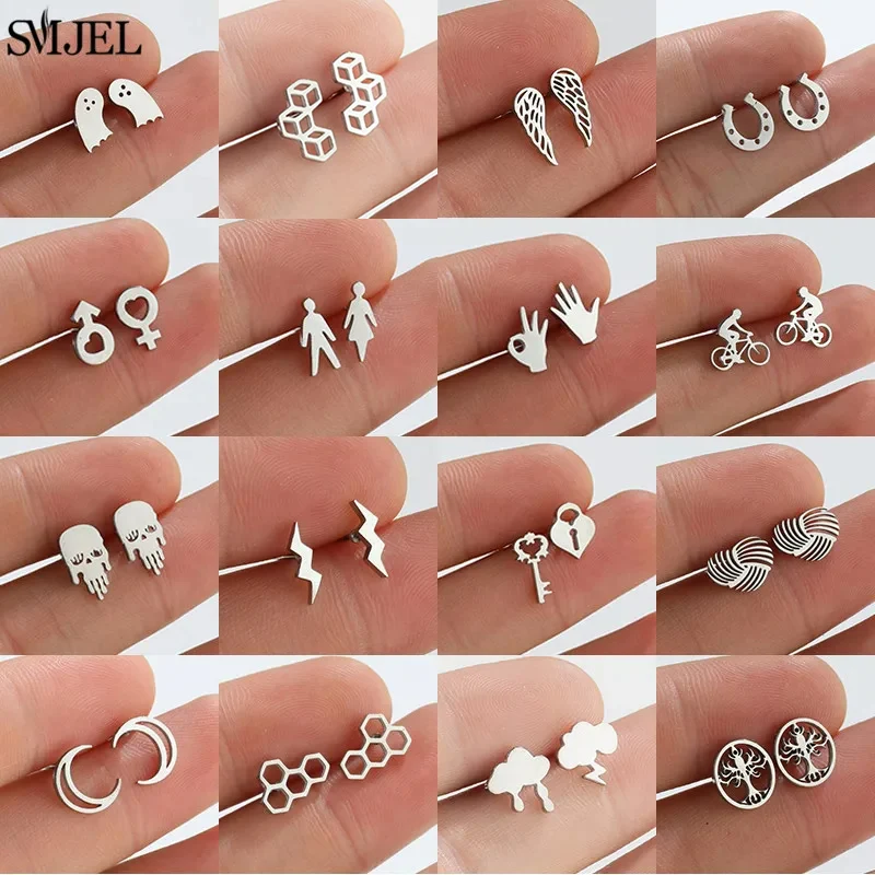 Neue Edelstahl Geometrische Ohrstecker für Frauen Mädchen Mode Stern Mond Schädel Ohrring Schloss Wolke Blitz Ohrstecker Schmuck