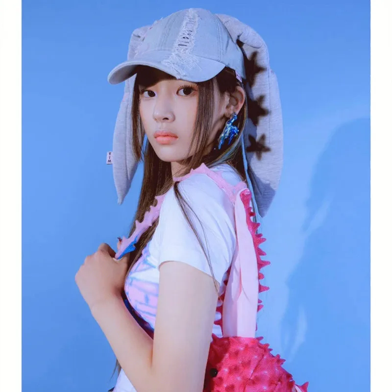 NewJeans MinJi Haerin OMG Stage Long Rabbit Ear Hat Y2K Style Denim Blue Baseball Cap Fashion Hip-Pop Cap Couple Birthday Gifts