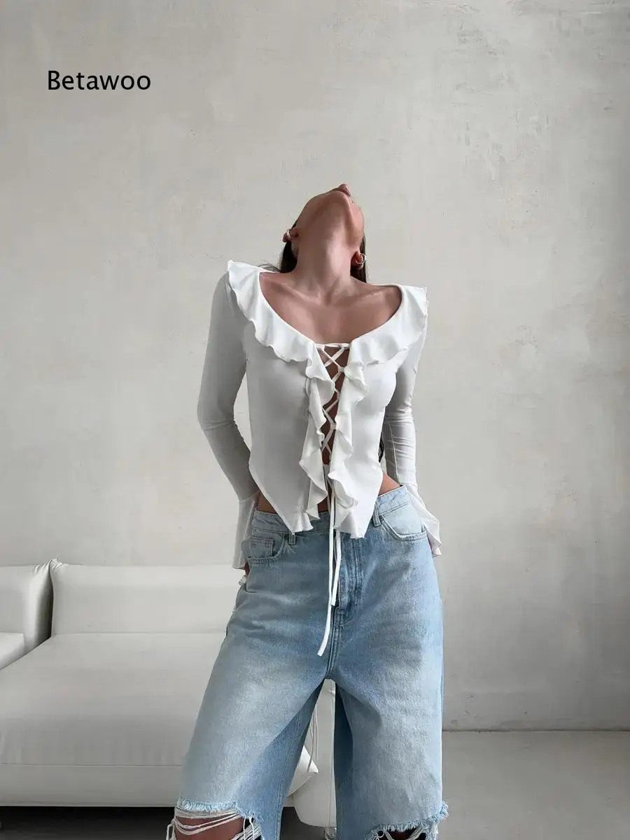 Women V Neck Long Sleeve Top With Tie Detail Ruffle Splicing Flared Cuff Solid Color Blouse Suitable For Street Style Gathering