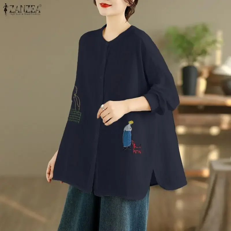 

ZANZEA 2026, весенние женские рубашки с вышивкой, модная повседневная свободная туника с рукавами 3/4, осенний топ на пуговицах, женская блузка Blusas Femininas