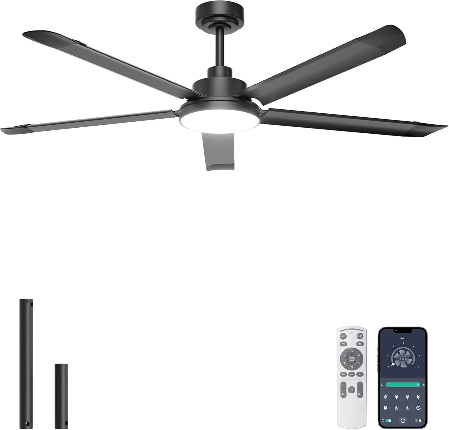 

60'' Industrial Ceiling Fan with Light, 5 Aluminum Blades, Dimmable, App and Remote Control Compatible, for Outdoor Patio and Garage, Black