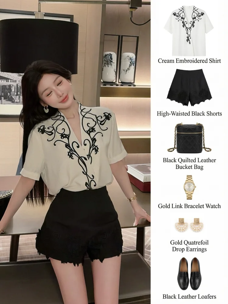 

New Chinese Style Short Sleeve Embroidered Shirt Versatile Slimming L3819 Collar Cotton Blend Spring Season Ladies Top