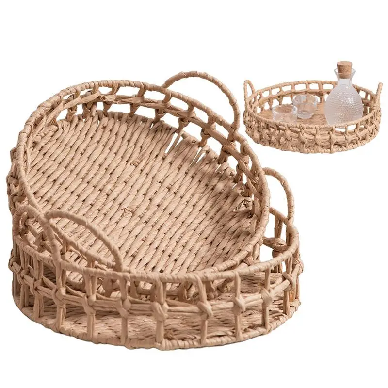 

Portable Woven Fruit Baskets Handmade Round Woven Fruit Basket Laundry Bin Basket With Handles For Bread Storage Accessories