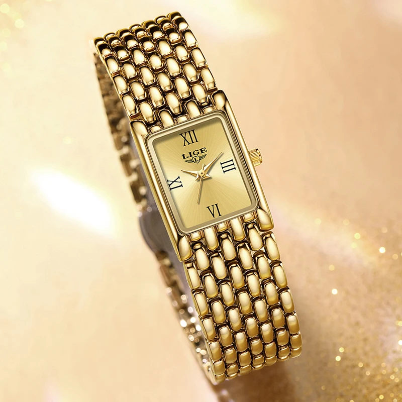 LIGE 2025 новые золотые кварцевые часы для женщин, модные водонепроницаемые женские часы-браслет из нержавеющей стали, спортивные квадратные часы Montre Femme