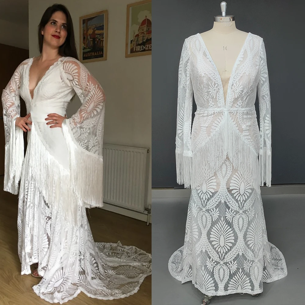 Long Wide Bell Sleeves Kimono Kaftan Wedding Dress Custom Made Mermaid Boho Lace Backless V Neck Elopement Fringed Bridal Gowns