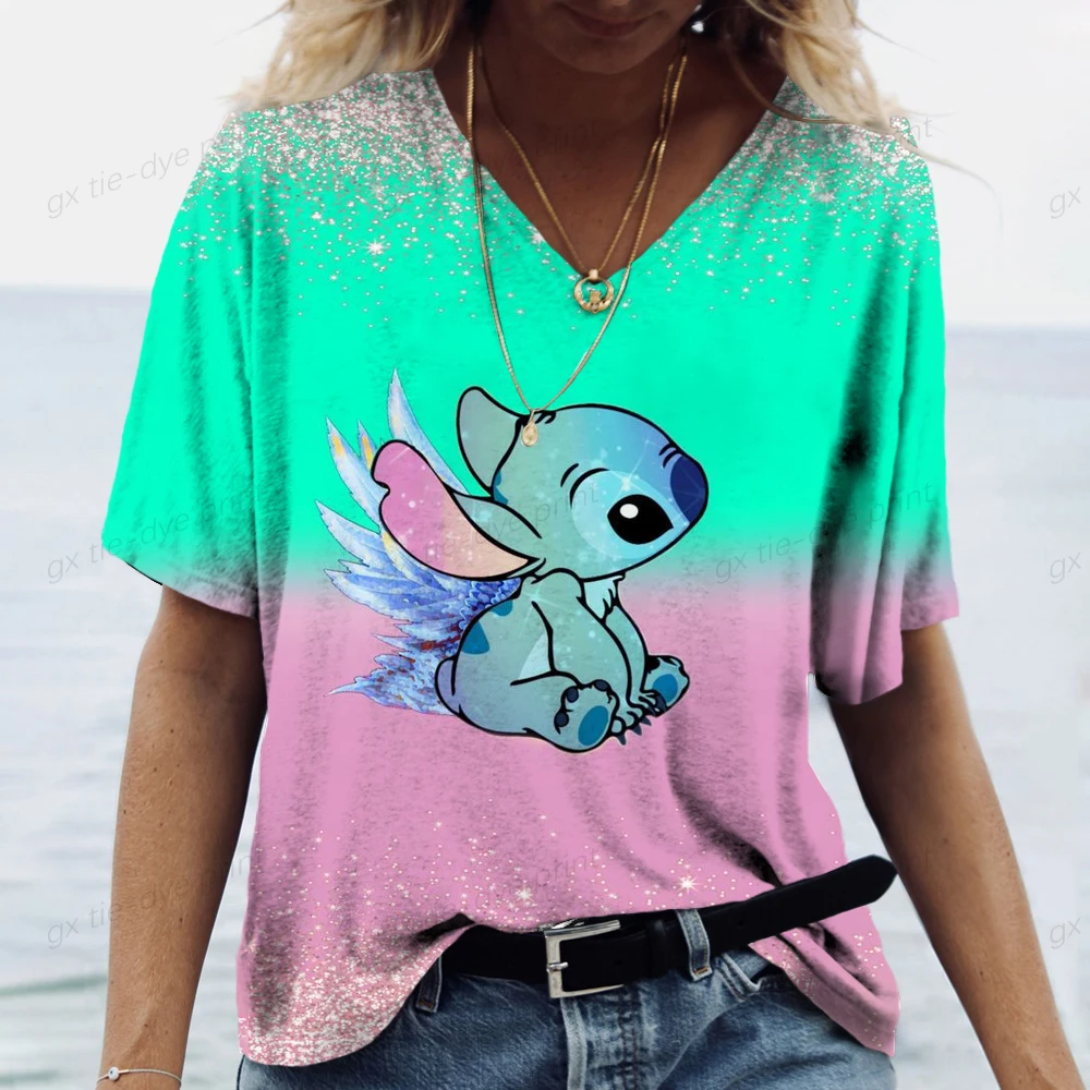 2025 جديد ديزني غرزة مطبوعة المرأة موضة تي شيرت حجم الخامس الرقبة قميص نسائي تصميم قميص نسائي الملابس النسائية