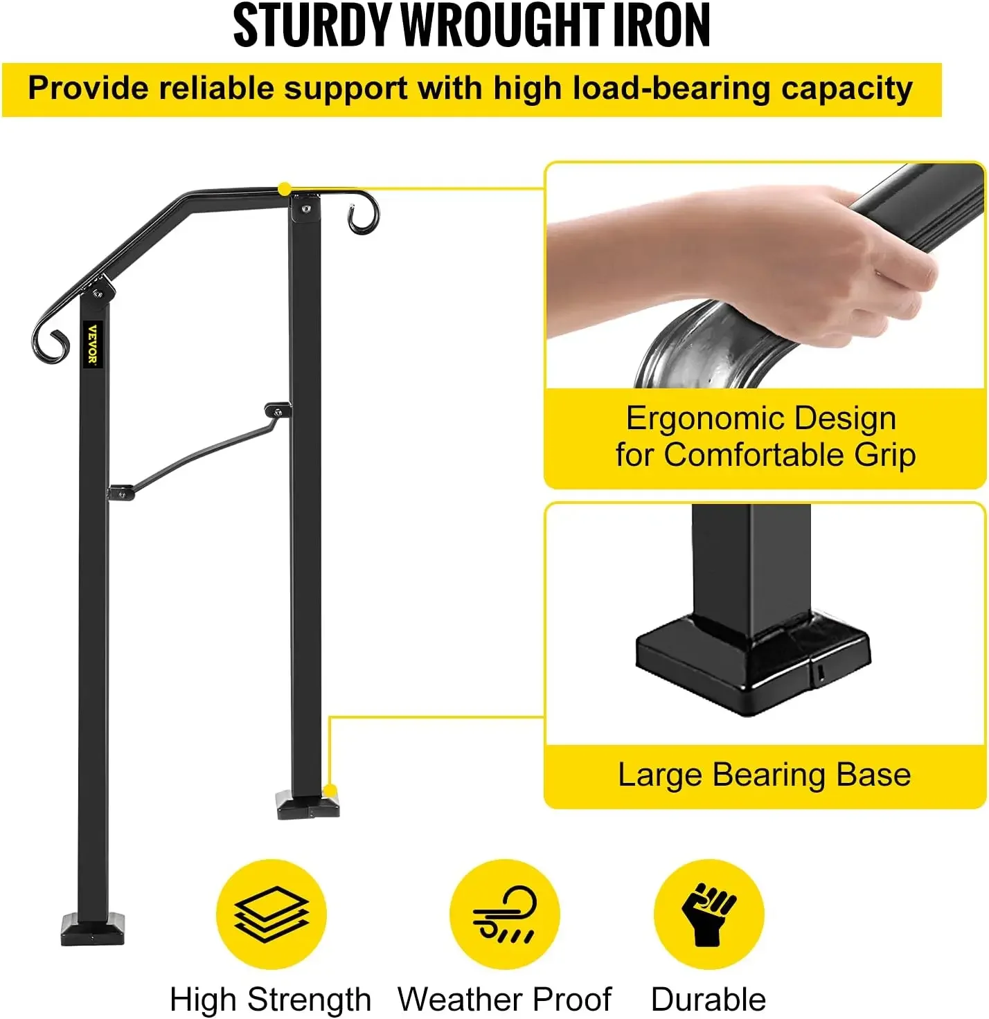 Handrails for Outdoor Steps, Fit 1 or 2 Steps Outdoor Stair Railing, Arch#1 Wrought Iron Handrail, Flexible Porch Railing